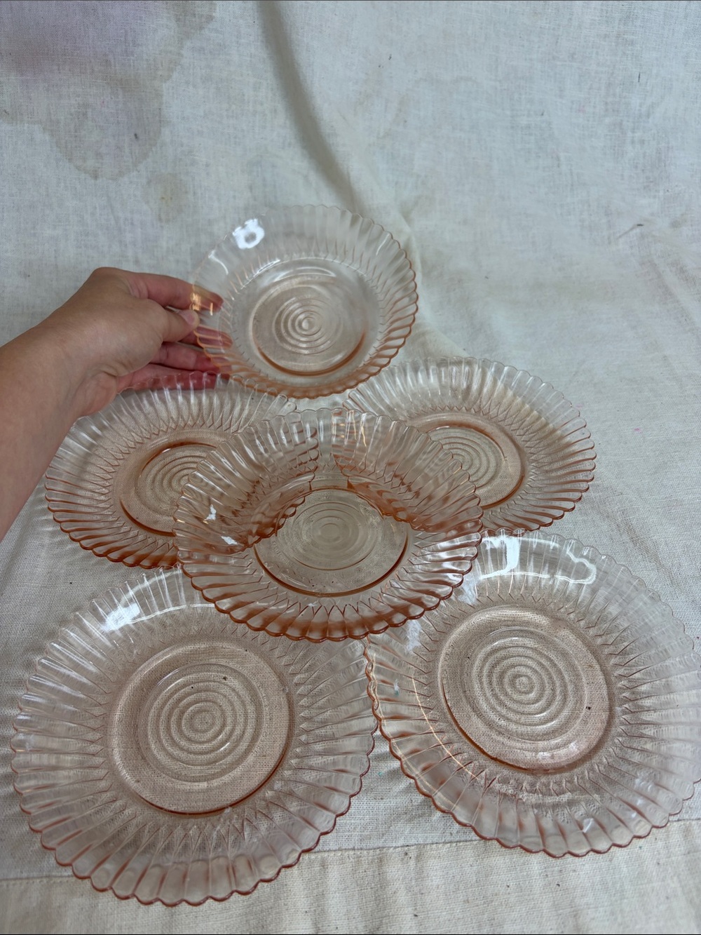 Set of 6 Pink Pressed Glass Dessert Plates- 1 bowl